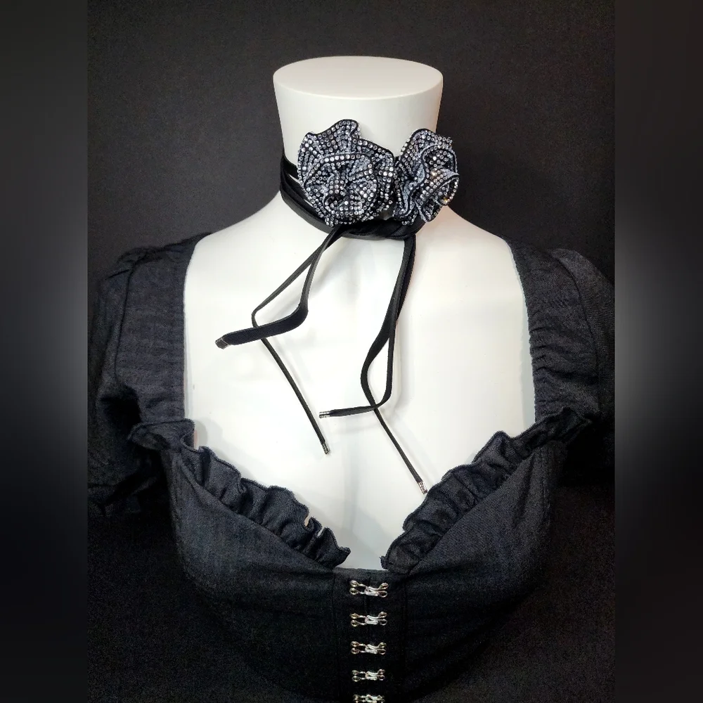 Black Rhinestone Rose Long Tie Choker Necklace